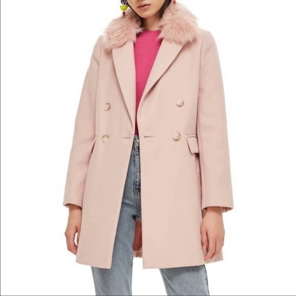 Topshop Naomi Pink Fur Collar Double Breasted Coat 6 - Picture 1 of 12